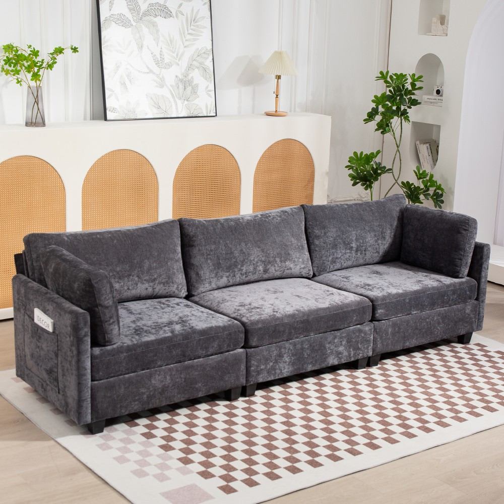 Coolbibila 111 Inch Gray Chenille 3 Seater Sofa Couch with Deep Seat and Side Pocket for Living Room Apartment
