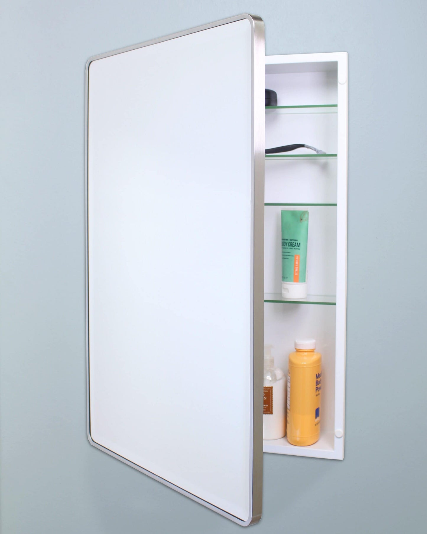 Fox Hollow Furnishings 20x30 Austin Farmhouse Metal Framed Rounded Rectangle Recessed Bathroom Medicine Cabinet fits 18x28 in-Wall Opening - Brushed Nickel