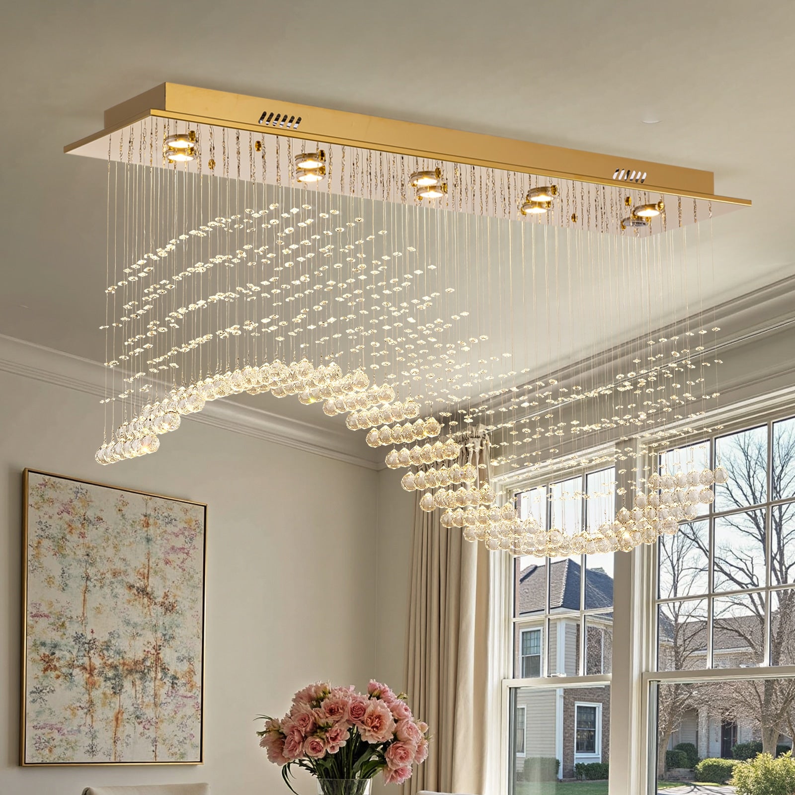 SILJOY 47W X 13.8D X 27.6H Gold Flushmout Crystal Chandeliers with Modern Design (10-Light Stainless Steel Fixture with Electroplated Finish)for Stairwells Living Room and Kitchen