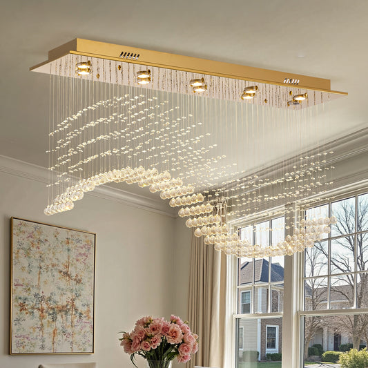 SILJOY 47W X 13.8D X 27.6H Gold Flushmout Crystal Chandeliers with Modern Design (10-Light Stainless Steel Fixture with Electroplated Finish)for Stairwells Living Room and Kitchen