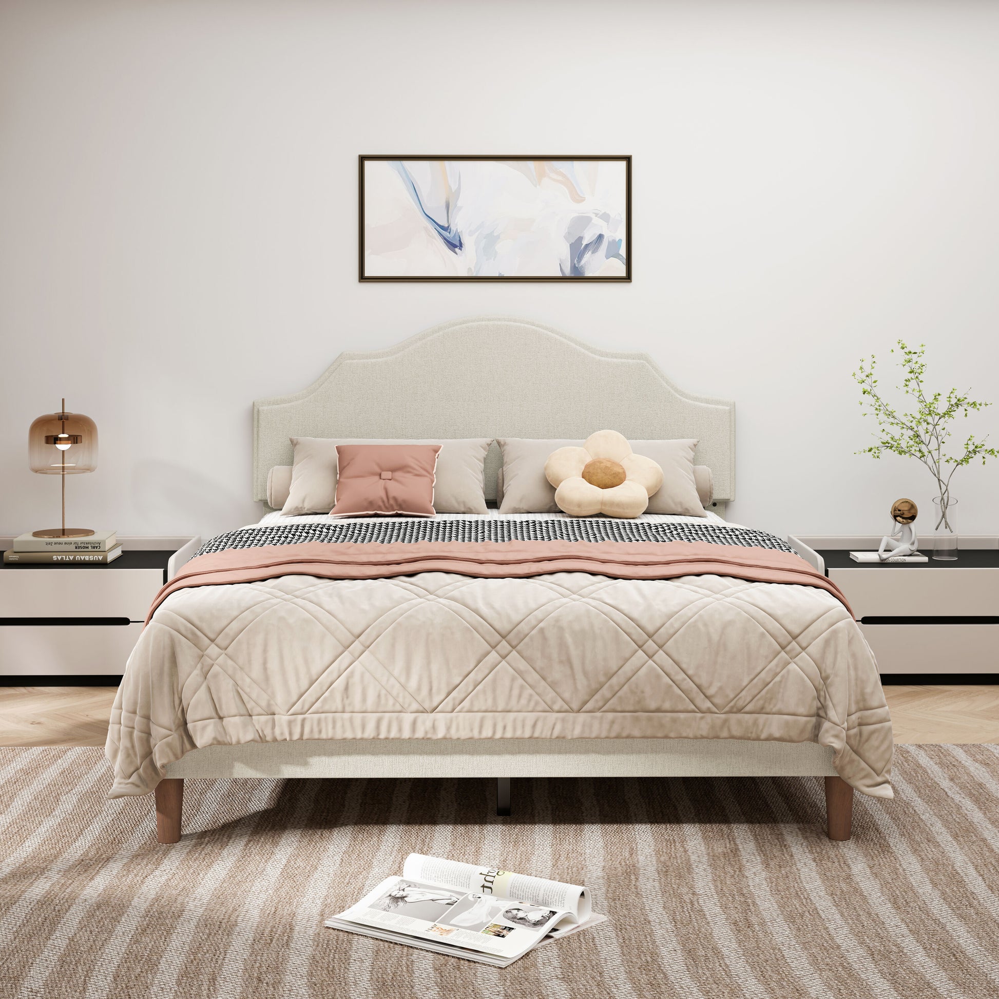 LOVMOR Queen Size Upholstered Platform Bed Adjustable Headboard Linen Fabric Beige No Box Spring