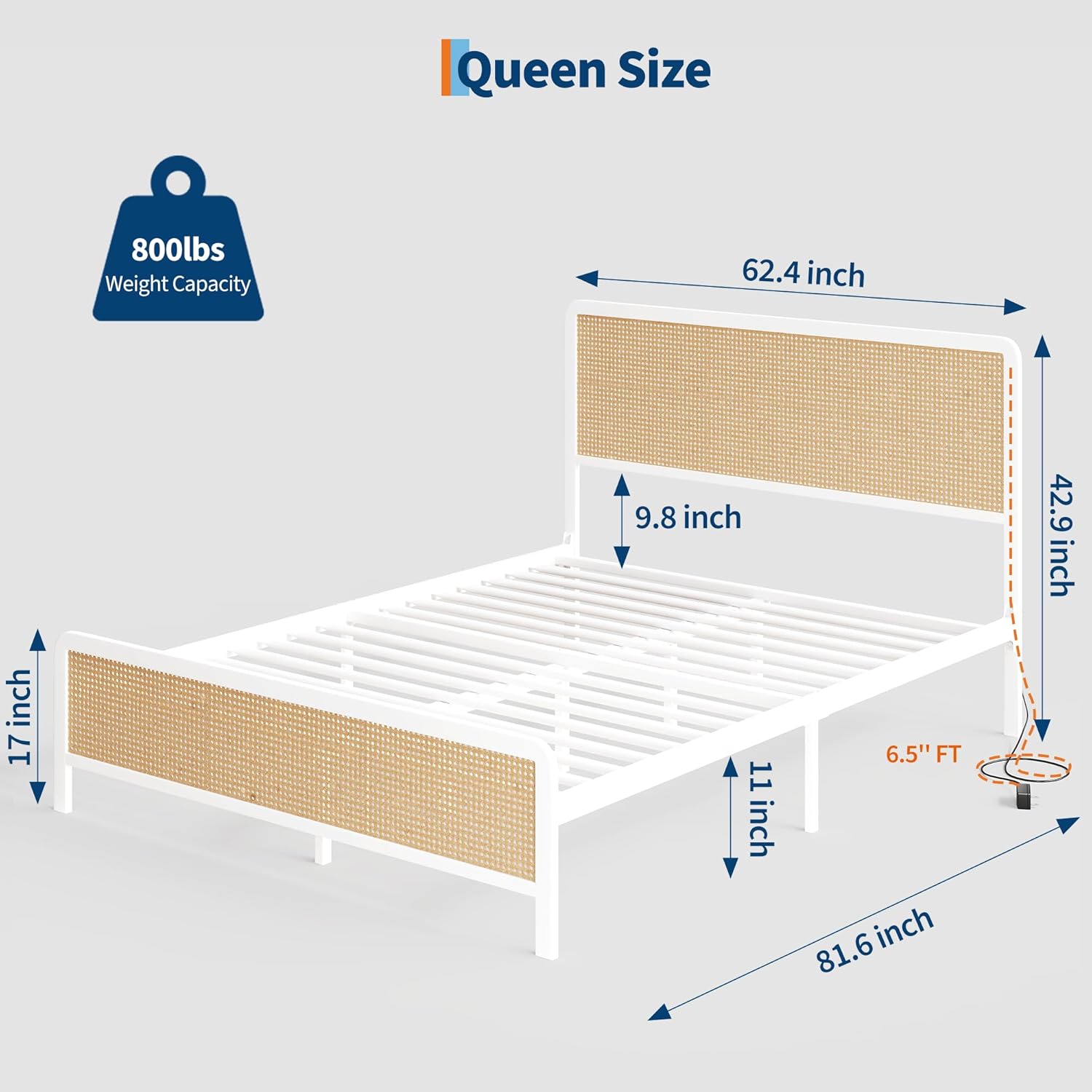 Garvee Rattan Queen Bed Frame with LED Lights Boho Platform Headboard and Footboard Heavy Duty Steel Slats No Box Spring Needed Metal Frame White