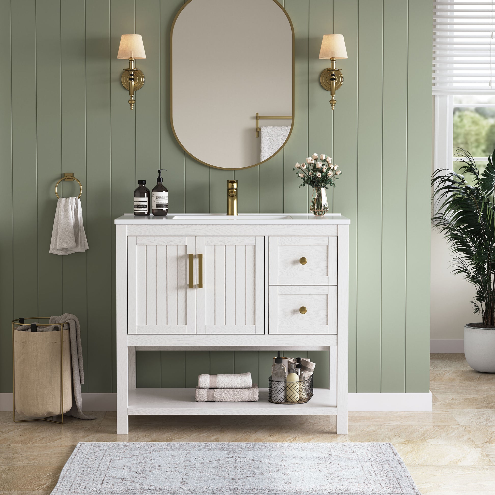 DELUXE LIVING Pro 36-in White Single Sink Bathroom Vanity with White Solid Surface Top