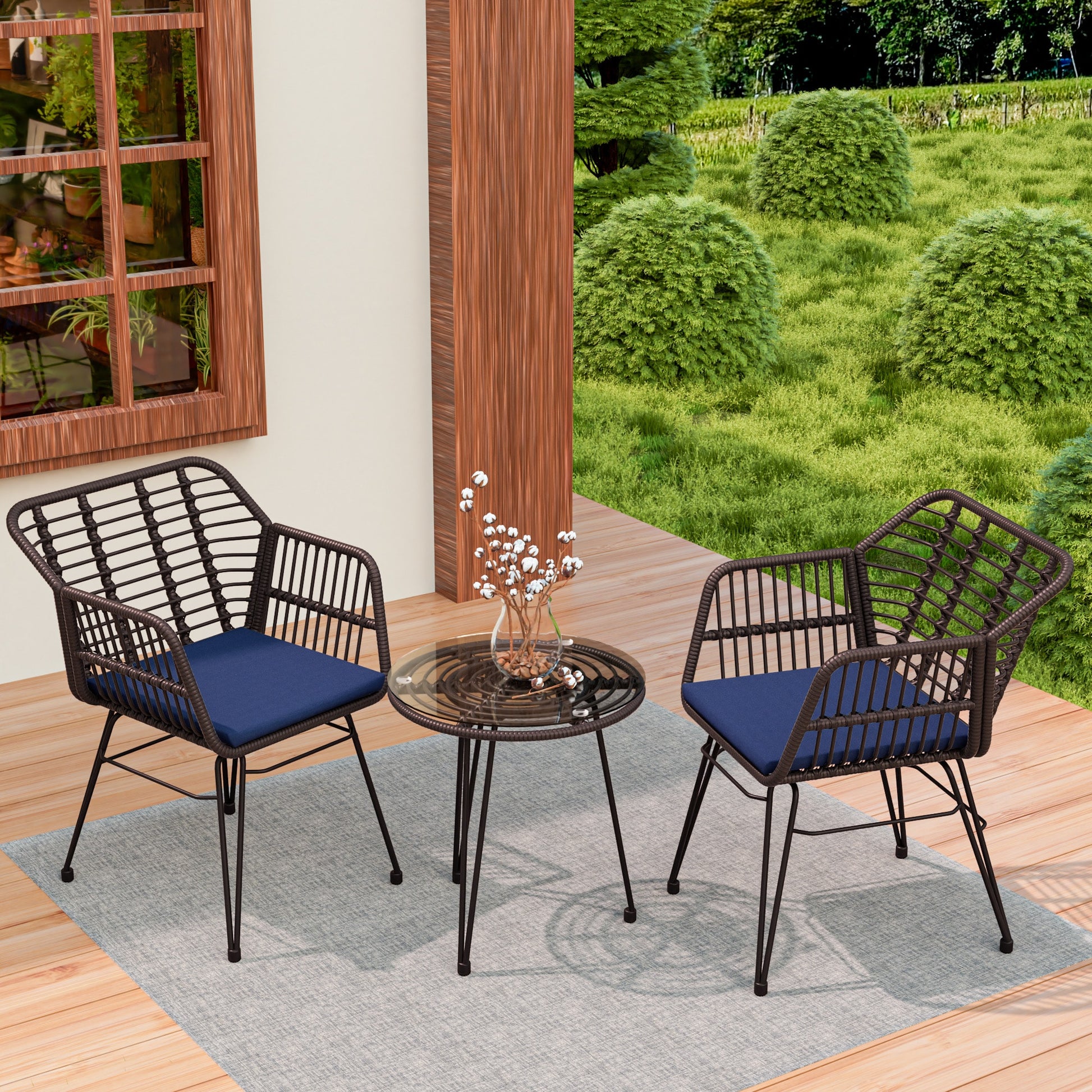 Gardenbee 3 -Piece Wicker Patio Conversation Set with Blue Cushions