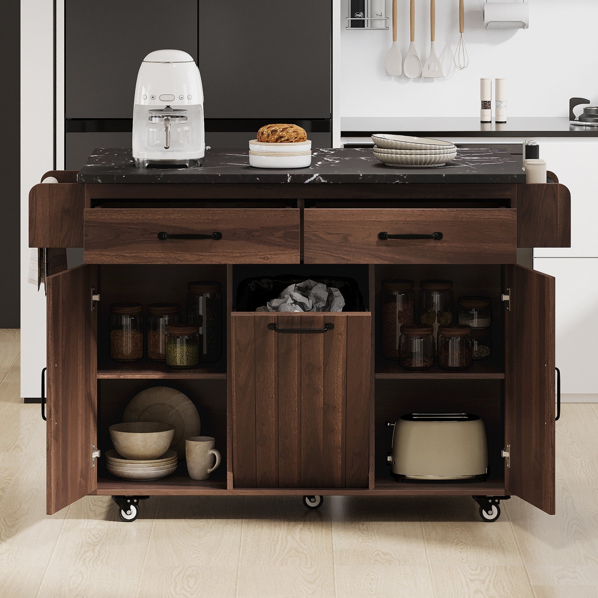 BABOOM Brown Wood Base with Particleboard Rolling Kitchen Island ( 19.7-in x 43.8-in x 35-in )