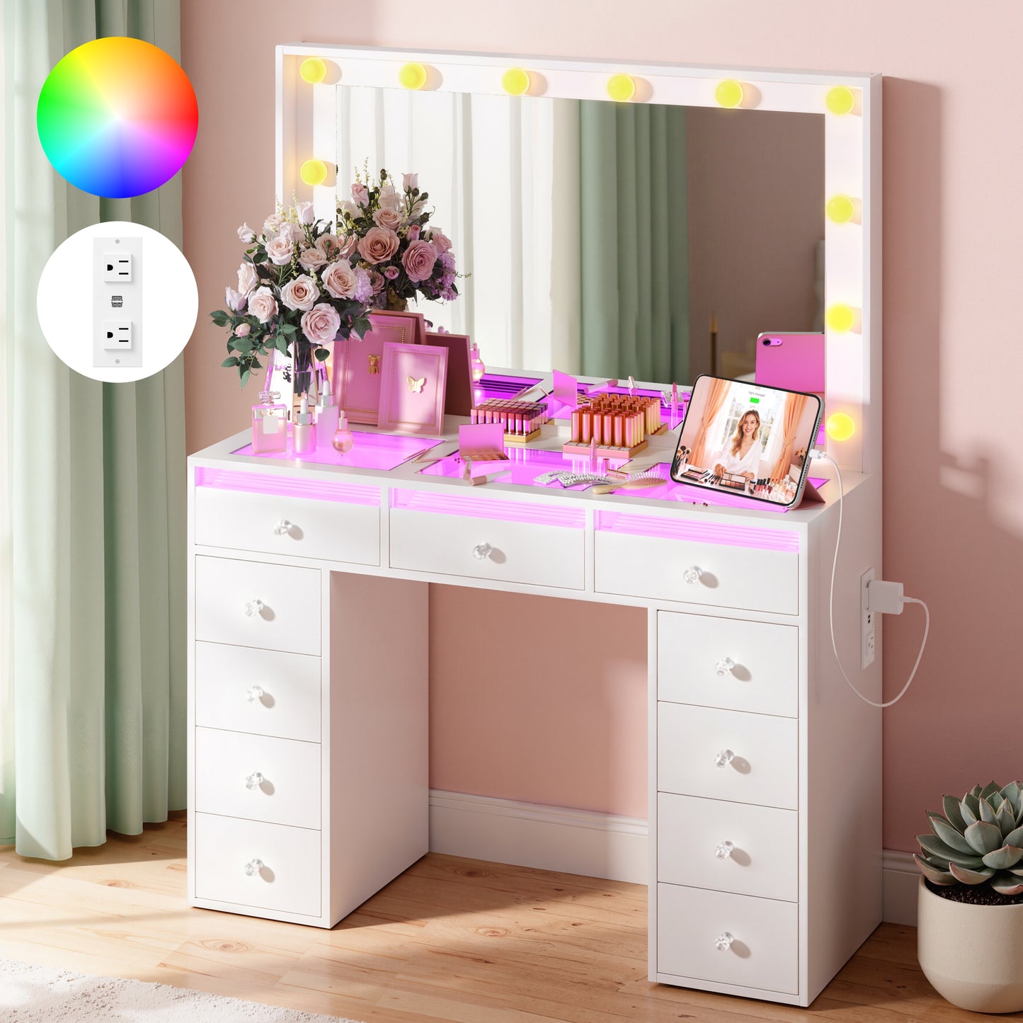 DIYSET  Makeup Vanity Desk with 11 Storage Drawers Glass Top and RGB Lighted Drawers White Dressing Table with 36.9â€ Mirror Power Outlet and Crystal Knobs for Bedroom