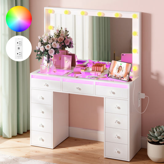 DIYSET  Makeup Vanity Desk with 11 Storage Drawers Glass Top and RGB Lighted Drawers White Dressing Table with 36.9â€ Mirror Power Outlet and Crystal Knobs for Bedroom