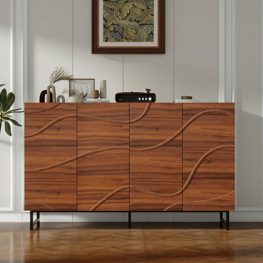 LOVMOR Modern Art Solid Wood Sideboard 59x16x35inch Wave Relief Design Walnut Texture Iron Legs Living Room Storage Cabinet