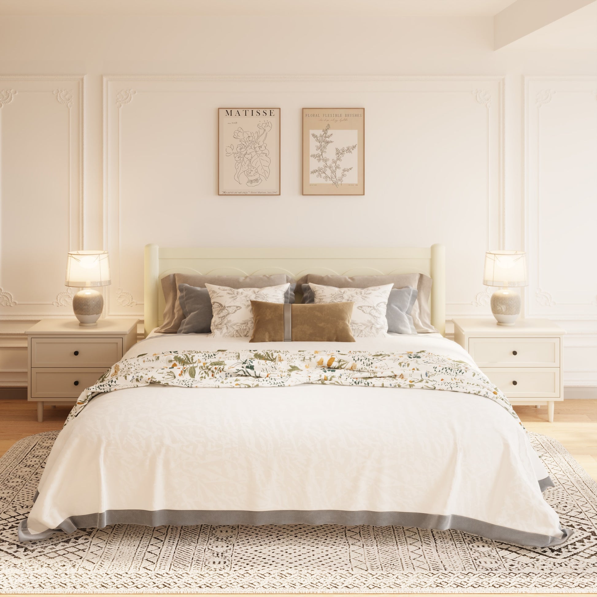 LOVMOR King Size Wood Bed Frame Wood Platform Bed with Headboard Solid Wood Legs Mattress Foundation with 10 Wooden Slats No Box Spring Needed Beige