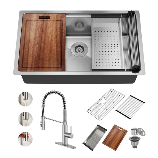 CASAINC Undermount 31-in x 19-in Stainless steel Single bowl 18 -Gauge Workstation Kitchen Sink All-in-One Kit with Drainboard