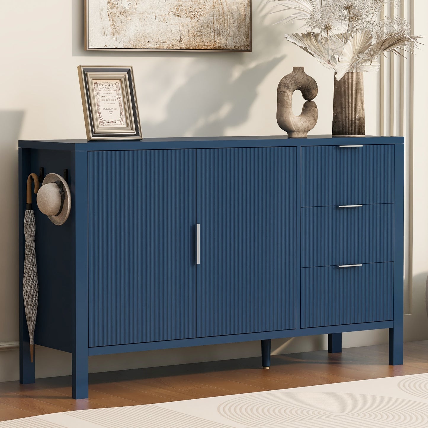 LOVMOR Modern Wave Pattern Sideboard with 3 Drawers Large Storage Buffet Cabinet with Hooks and Extra Center Leg Suitable for Living Room Entryway Hallway