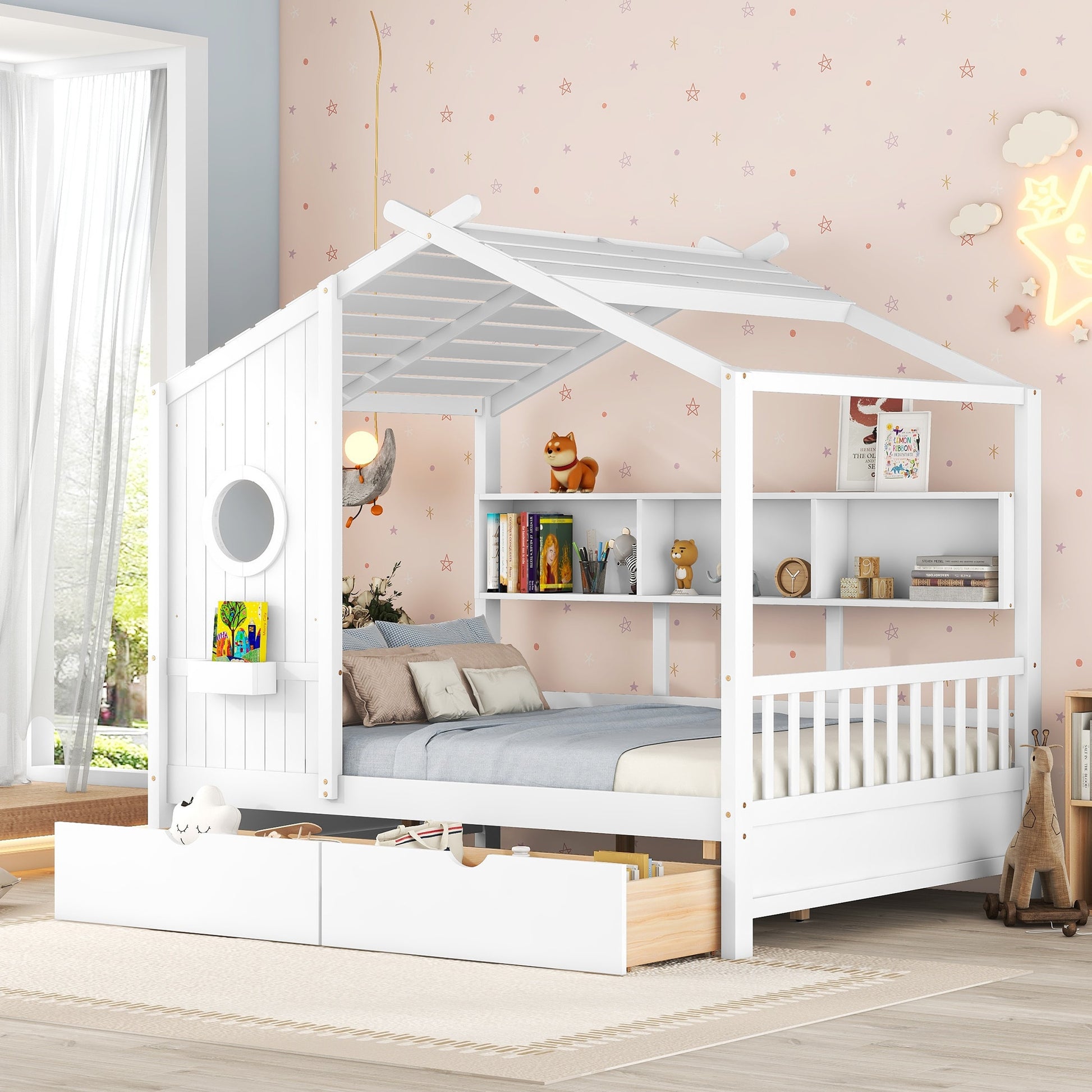 LOVMOR Wooden Full Size House Bed with 2 Drawers Kids Bed with Storage Shelf White