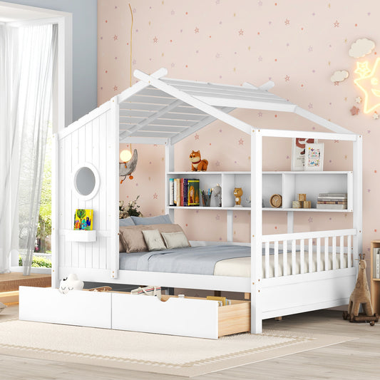 LOVMOR Wooden Full Size House Bed with 2 Drawers Kids Bed with Storage Shelf White