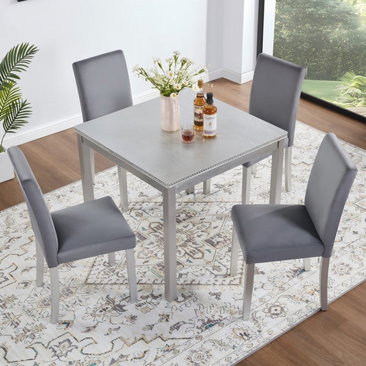 GlasFlength  Five Piece Silver Grey Square Wooden Dining Table Set with Upholstered Chairs and Crystal Decoration for Kitchen and Dining Room Silver Grey creating a modern luxury kitchen dining atmosphere