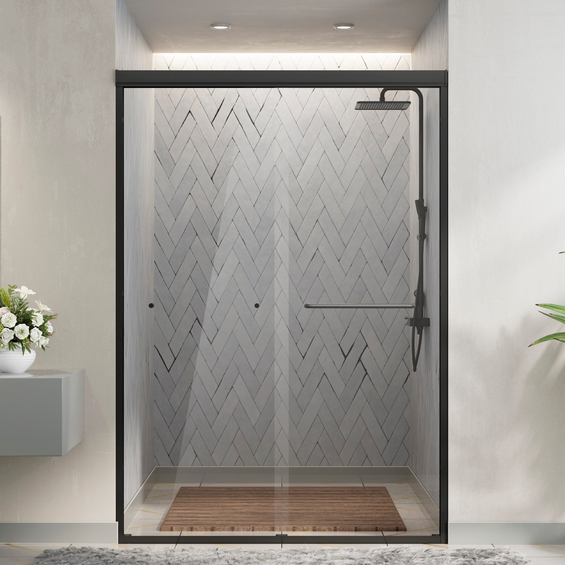 TETOTE 56-in to 60-in W x 72-in Matte Black Semi-frameless Tempered Glass Sliding Shower door