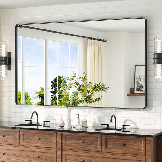 TETOTE 60x36 Inch Matte Black Bathroom Vanity Mirror Tempered Glass Metal Framed Over Sink Horizontal/Vertical