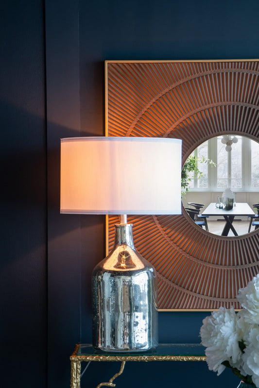 Dexmalle  D18x32.2IN Silver Round Table Lamp with White Fabric Shade(Lamp Shade Assembly Required)