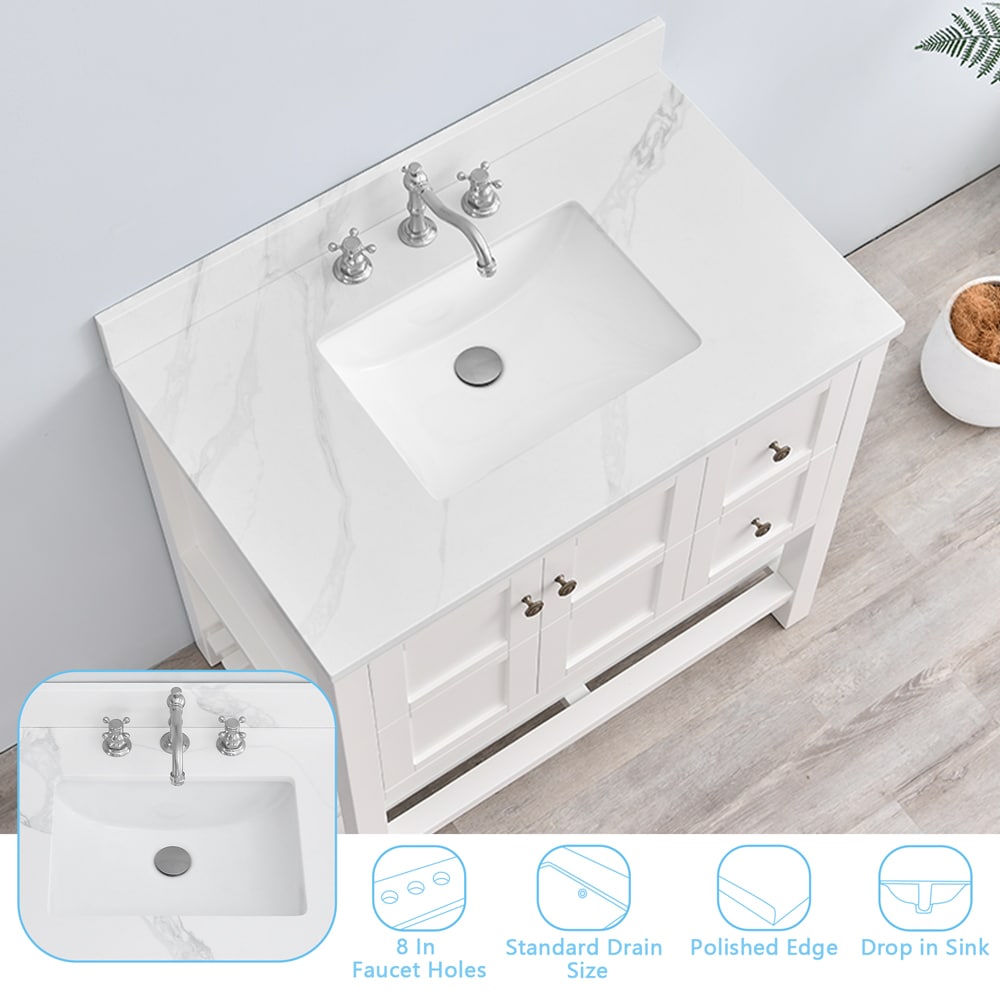 EQLOO 36x22 Inch Bathroom Quartz Vanity Top with Middle Rectangular Sink in Calacatta Rocky  Undermount Ceramics Sink with 8 Inch Faucet Holes Equipped with One 4Inch Backsplash