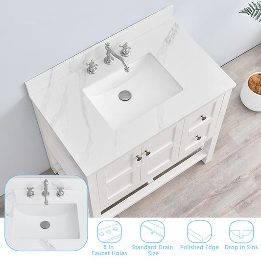 EQLOO 36x22 Inch Bathroom Quartz Vanity Top with Middle Rectangular Sink in Calacatta Rocky  Undermount Ceramics Sink with 8 Inch Faucet Holes Equipped with One 4Inch Backsplash