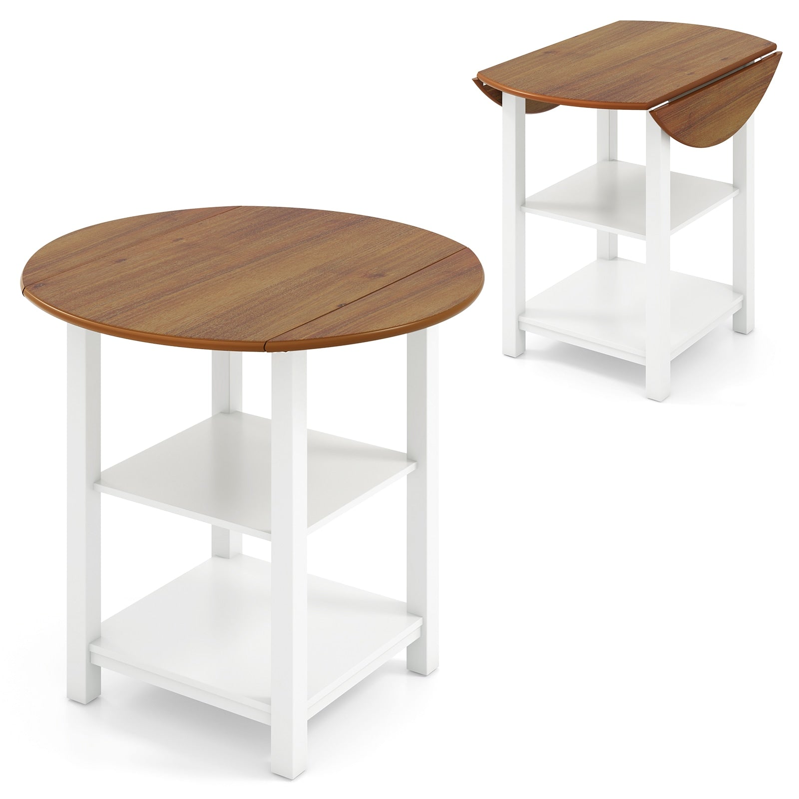Slickblue Folding Round Dining Fixed Table MDF Top with Drop Leaf and 2 Shelves for kitchens and small dining areas- White and Natural- 40 Inch L x 36 Inch H