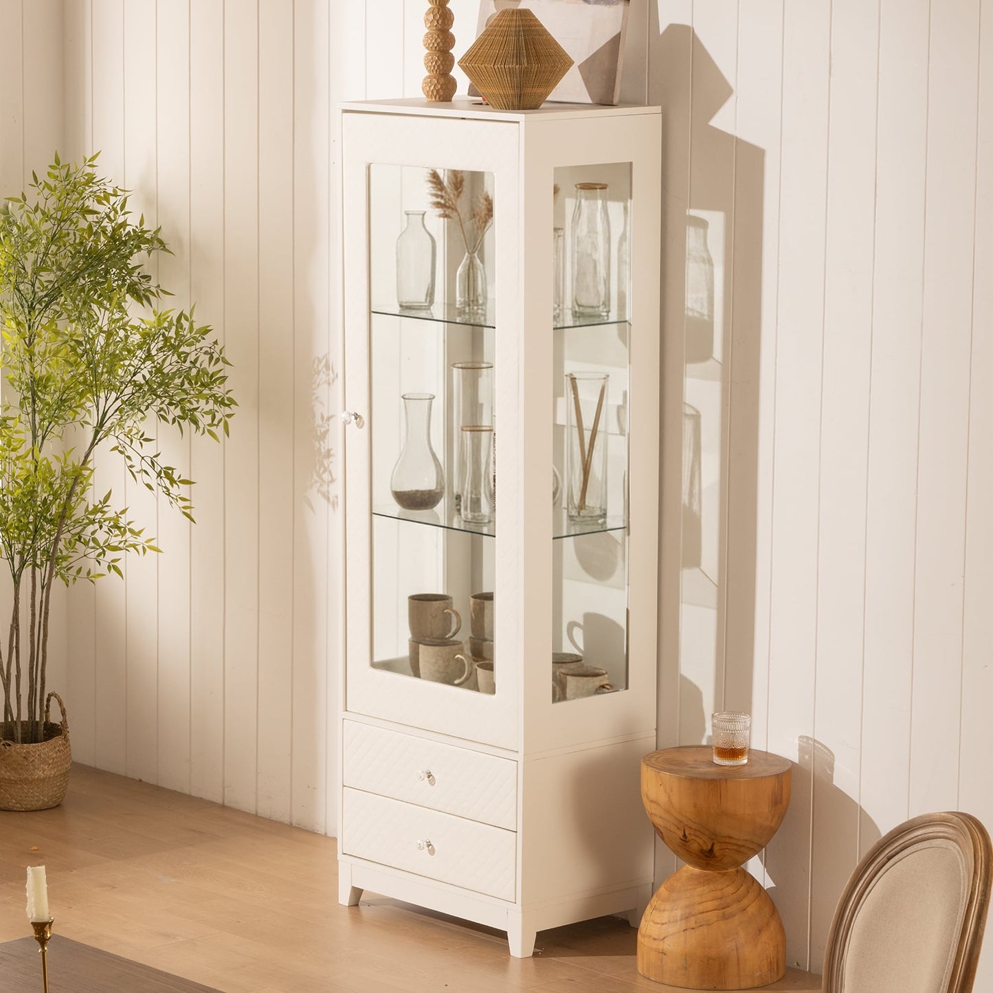 VERYKE  71 Inch Freestanding Upholstered Pantry Cabinet with Ceiling Light and Adjustable Shelves