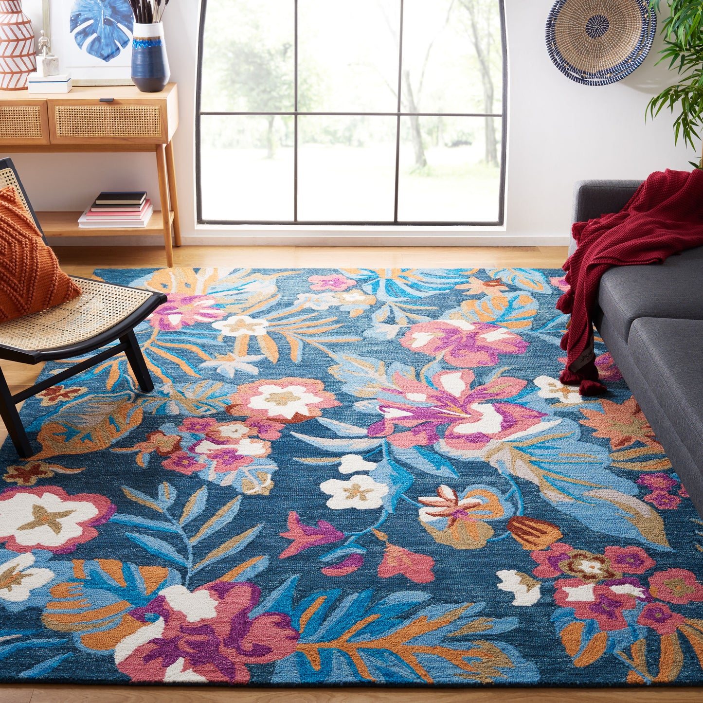 Safavieh  Jardin 152 Blue/Pink Country Floral 8Ft x 10Ft Large Rectangle Rug