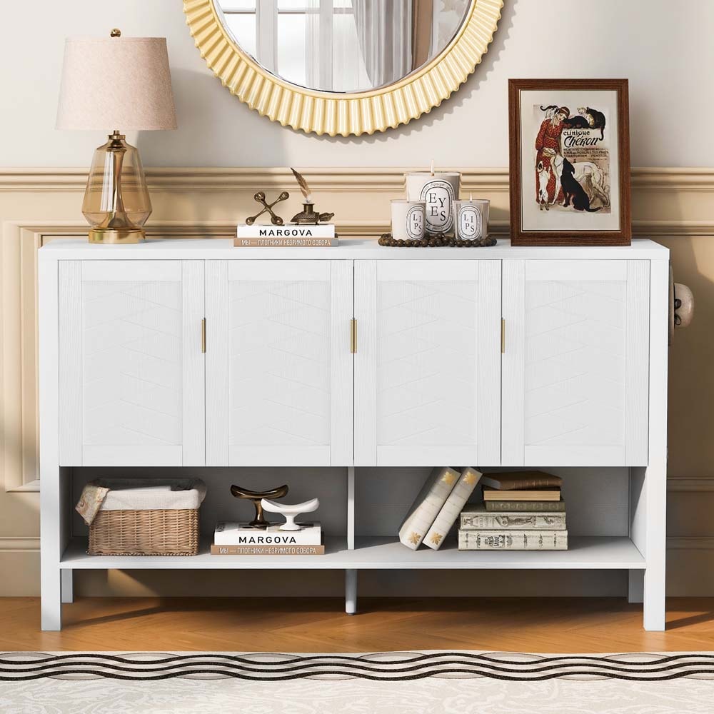 ModernLuxe 55.1inch Storage Sideboard with 4-DoorsMulti Functional Buffet with Open Shelf and 2-Tiers Adjustable ShelvesModern Cabinet with Double HooksSuitable for Living Room Hallway DiningOffice.