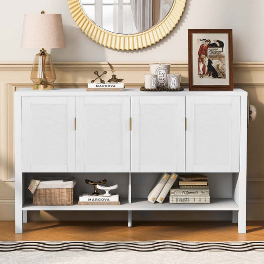 ModernLuxe 55.1inch Storage Sideboard with 4-DoorsMulti Functional Buffet with Open Shelf and 2-Tiers Adjustable ShelvesModern Cabinet with Double HooksSuitable for Living Room Hallway DiningOffice.