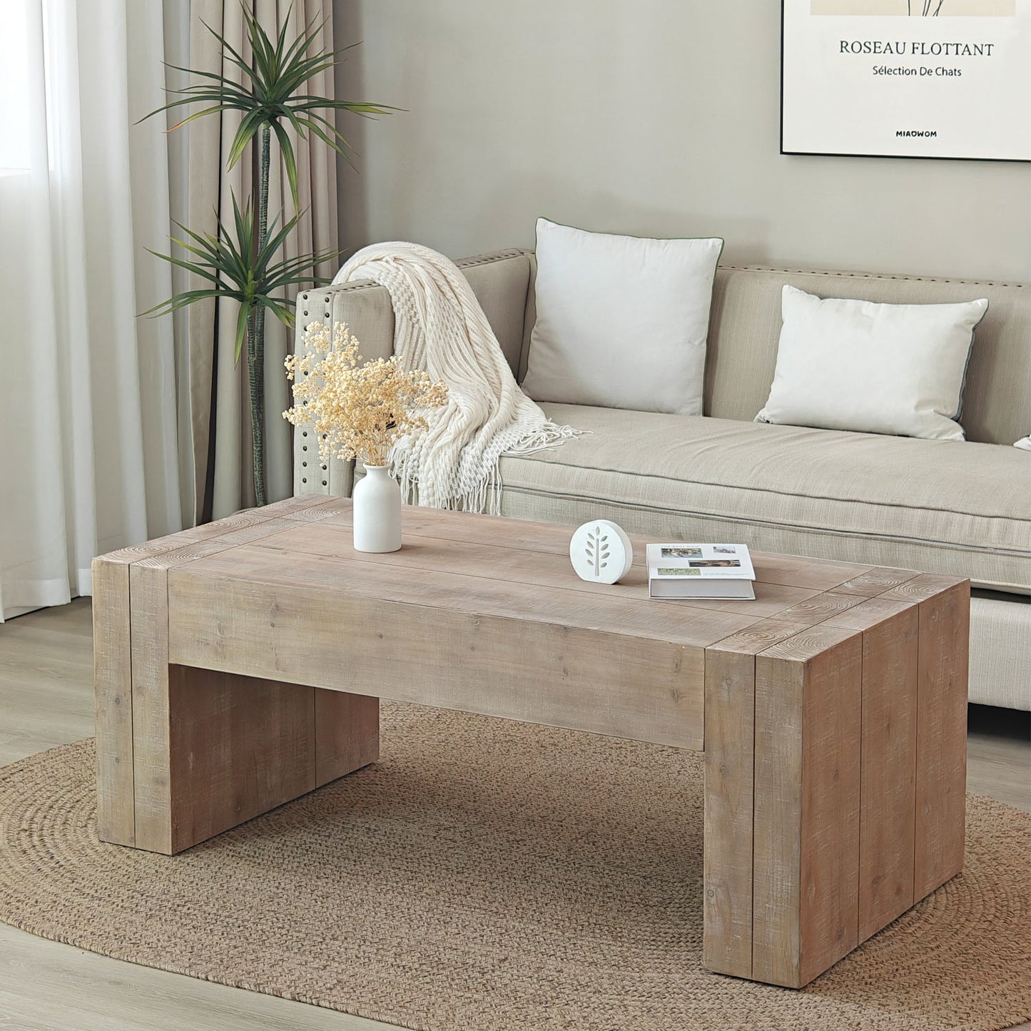 REIBII 49in. natural Rustic Wood Coffee Table Modern Farmhouse Rectangular with Wood Thick Design
