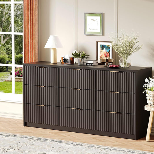 Garvee 9 Drawer Dresser for Bedroom Storage Modern Dressers Chests of Drawers with Fluted Front Versatile Dresser Black
