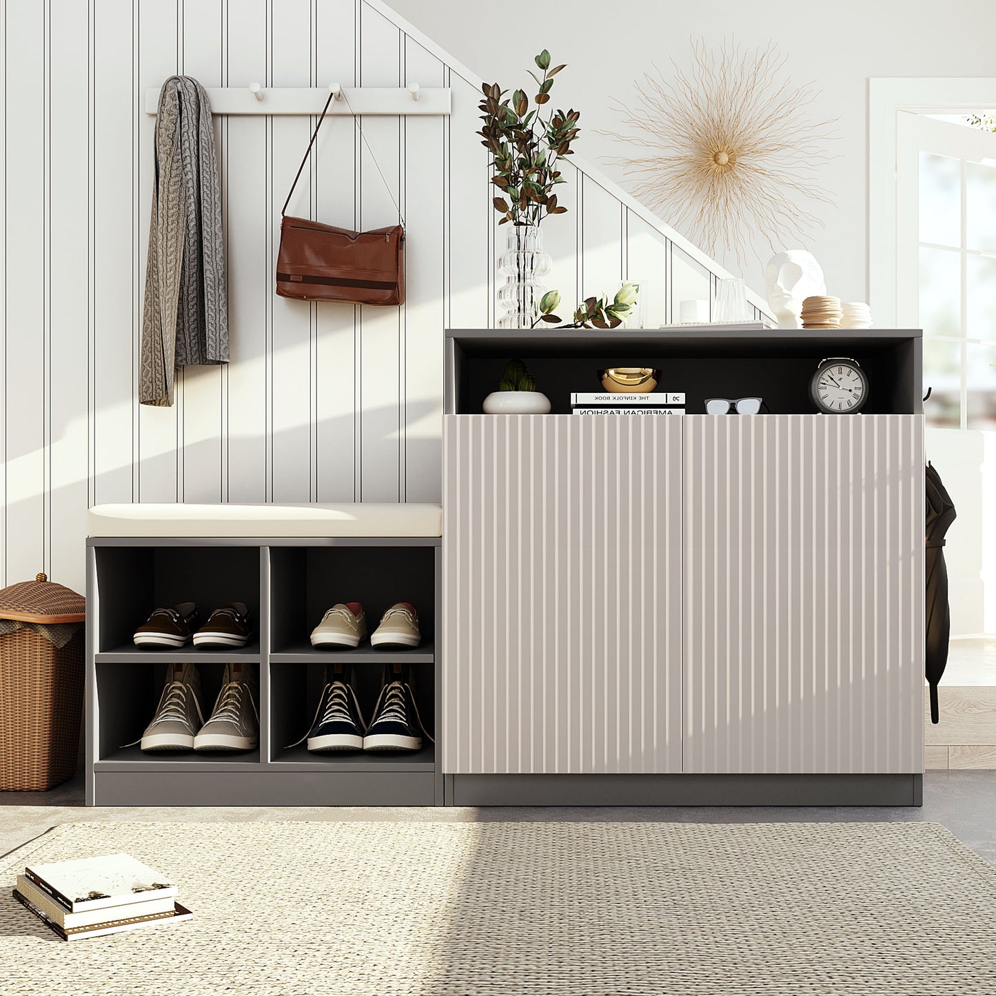 Vynxaria  Livingroom Entryway Cabinet with Shoe Bench 4 Open Racks Adjustable Shelves Hooks Removable Cushion Wavy Slatted Door Beige and Gray