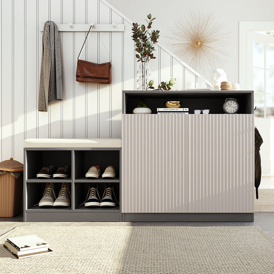 Vynxaria  Livingroom Entryway Cabinet with Shoe Bench 4 Open Racks Adjustable Shelves Hooks Removable Cushion Wavy Slatted Door Beige and Gray