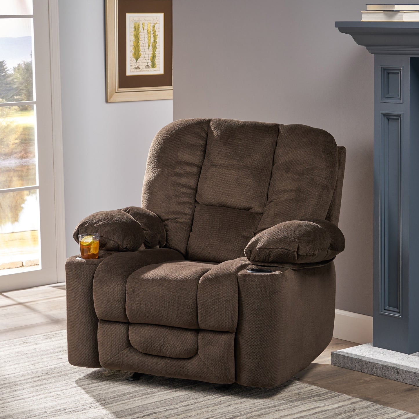 LOVMOR Luxurious Manual Recliner Chair in Chocolate with Skin Friendly Fabric and Dual Cup Holders