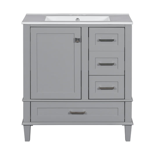 Vynxaria  30 in 18 in Undermount Rectangular Bathroom Sink in Gray Solid Wood MDF with Cabinet 3 Drawers Soft Close Door