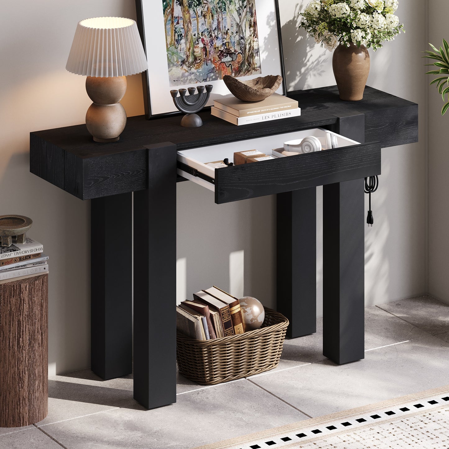 ModernLuxe Rustic Minimalist Console Table with Hidden Drawer Side Power OutletWood Entryway Table for Entryways Living Rooms and Home OfficesBlack