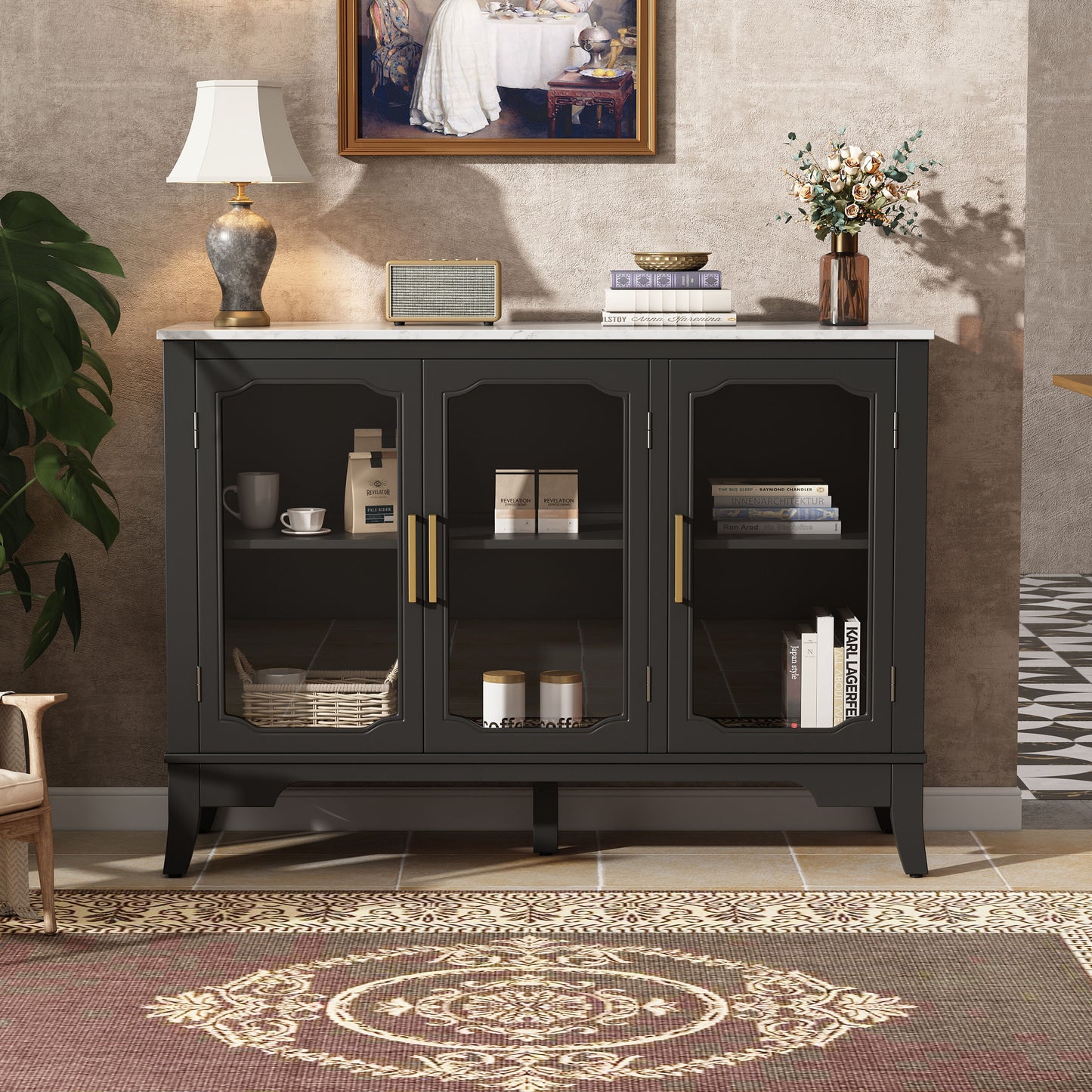 ModernLuxe Storage cabinet in the entrance to the living and dining room large storage space 3 doors stylish style black and white