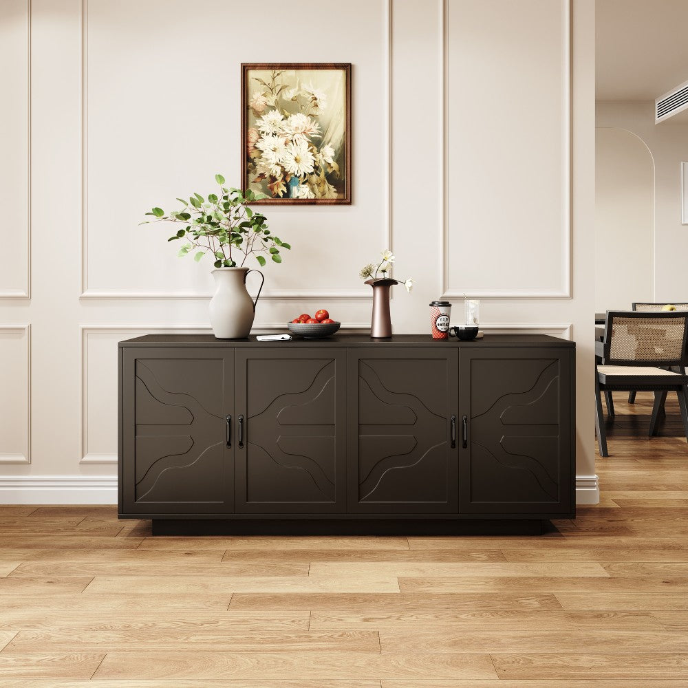 GlasFlength  Farmhouse 68 Inch Sideboard Buffet Cabinet XL Capacity Storage Unit with Built In Stemware Rack Smart Drawer Design for Dining Room Kitchen