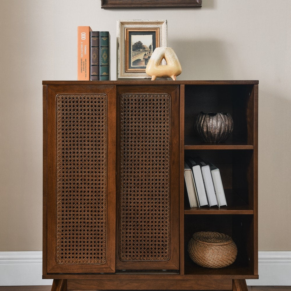 GlasFlength  Mid Century Modern Rattan Sideboard Storage Buffet Cabinet with Adjustable Shelf Solid Wood Feet and Rattan Doors for Entryway Hallway Living Room Kitchen Dining