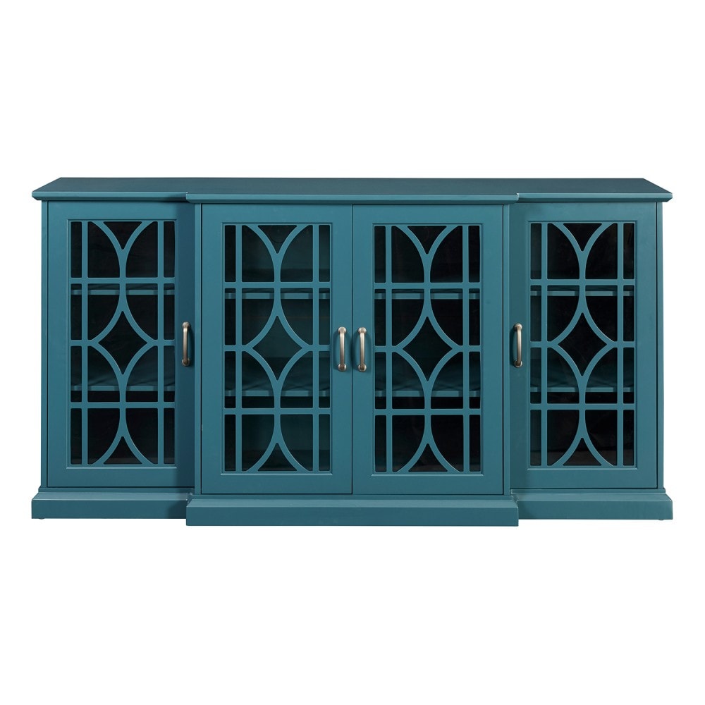 GlasFlength  63 Inch TV Stand Sideboard Buffet Storage Cabinet Teal Blue Freestanding Living Room Entertainment Console with Large Storage and Decorative Display Space