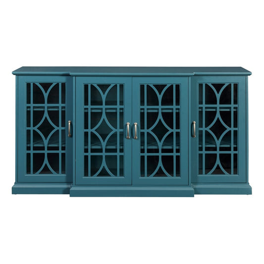 GlasFlength  63 Inch TV Stand Sideboard Buffet Storage Cabinet Teal Blue Freestanding Living Room Entertainment Console with Large Storage and Decorative Display Space