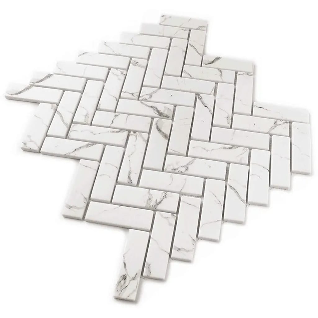 Apollo Tile Nubes White with Gray Vein 11-in x 13-in Polished Glass Herringbone Mosaic Floor and Wall Tile ( 9.63-sq ft Carton )