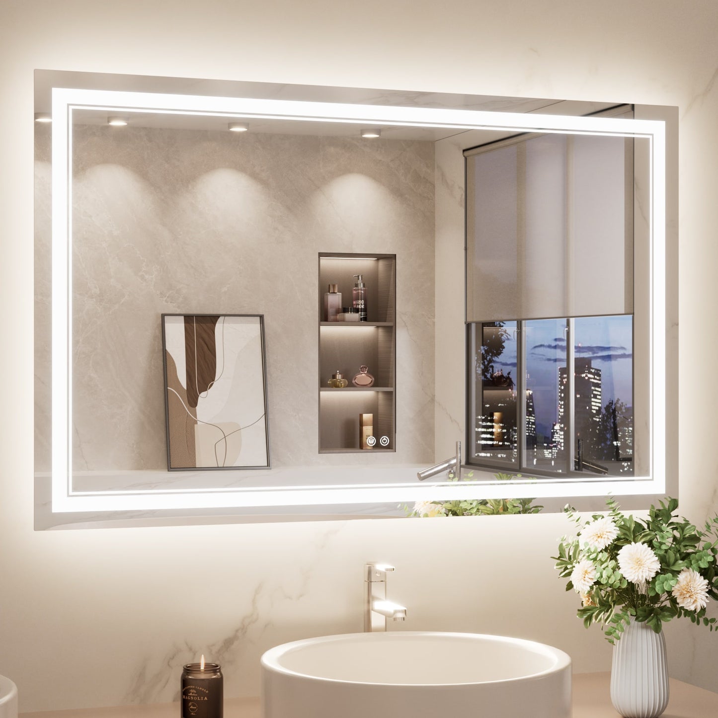 Keonjinn Led Mirror 48-in x 30-in Polished Frameless Rectangle Dimmable LED Lighted Fog Free Bathroom Vanity Mirror ( Sliver )