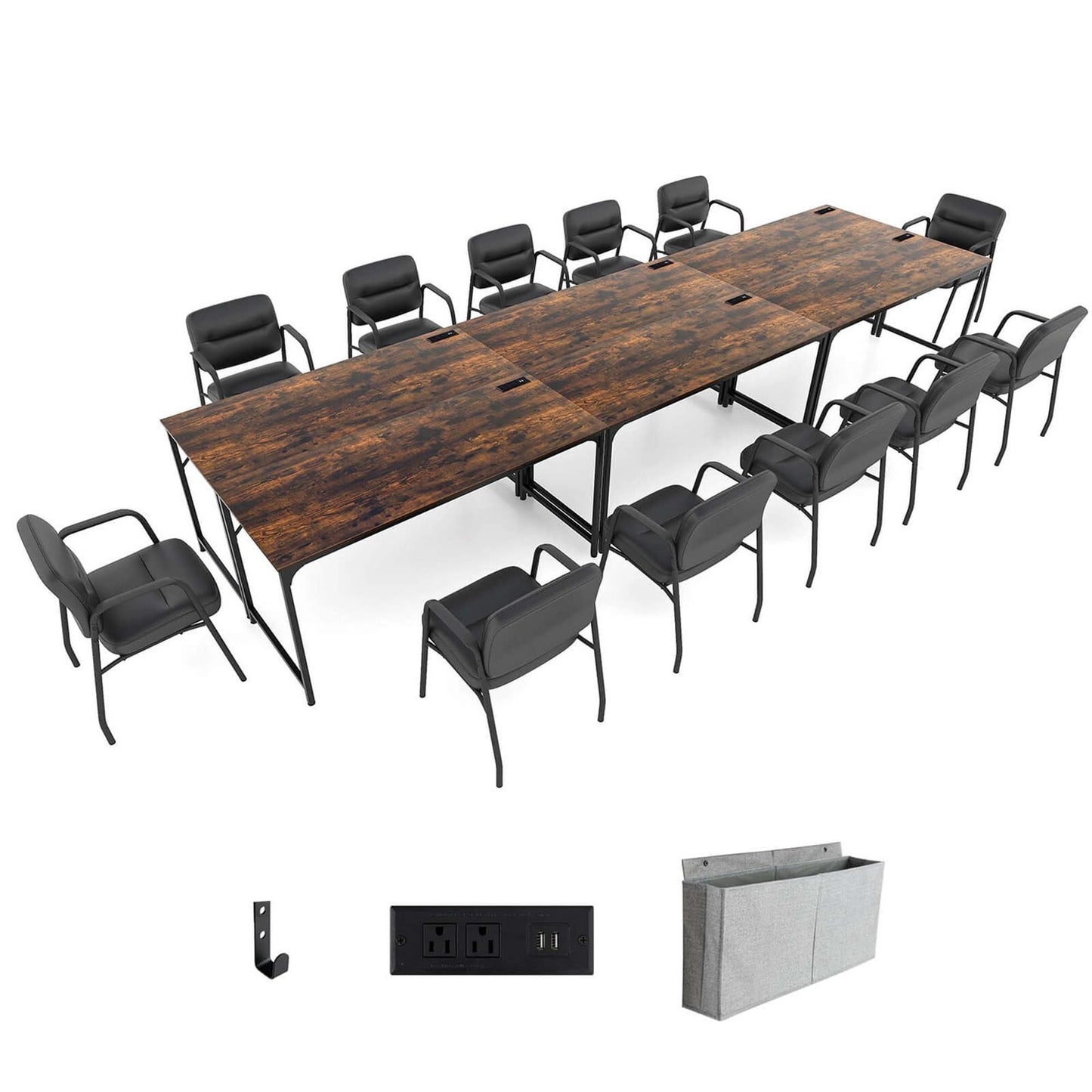 Costway  Set of 6 Meeting Room Desk with Charging Station and Headphone Hook Metal Frame Brown