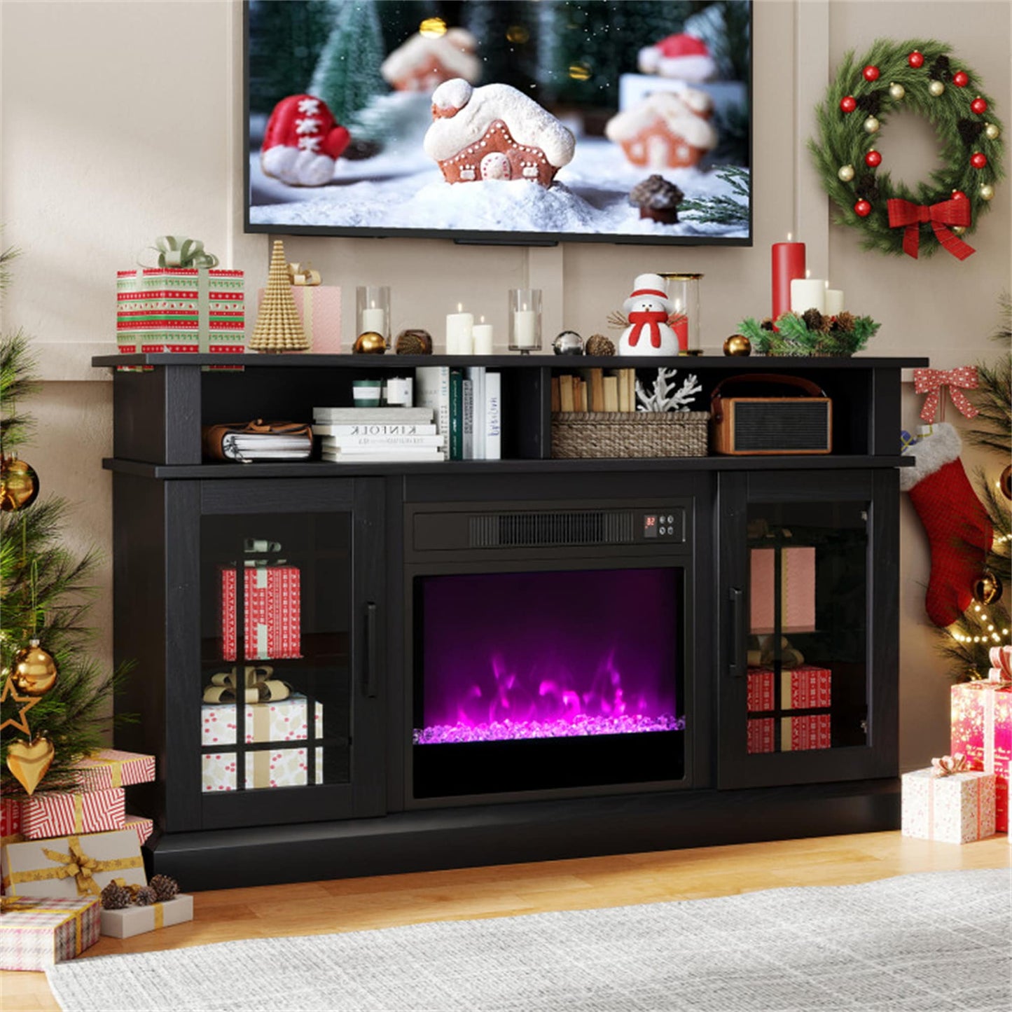 BABOOM 48-in W Black TV Stand with Fan-forced Flat Wall Electric Fireplace with Remote Control Included