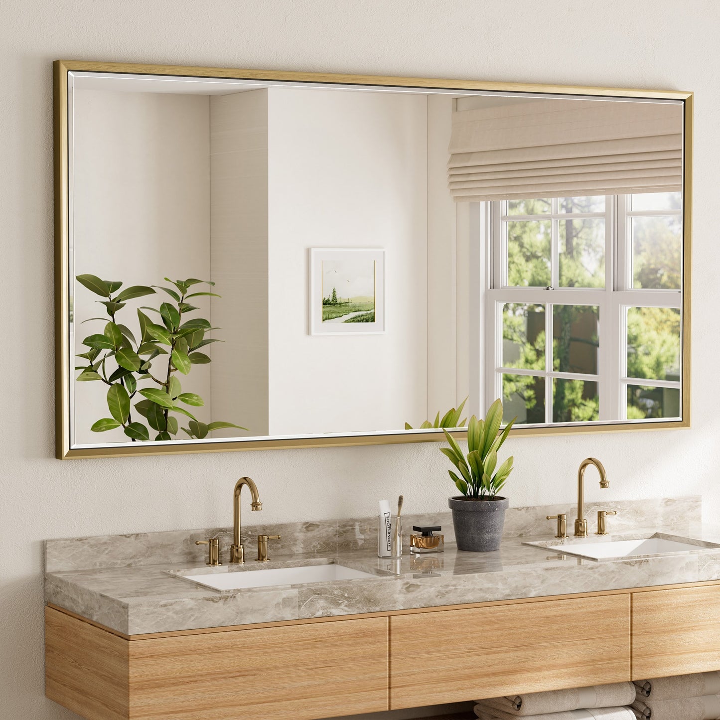 QueenFun Mirror 72-in x 36-in Beveled Rectangle Bathroom Vanity Mirror ( Gold )