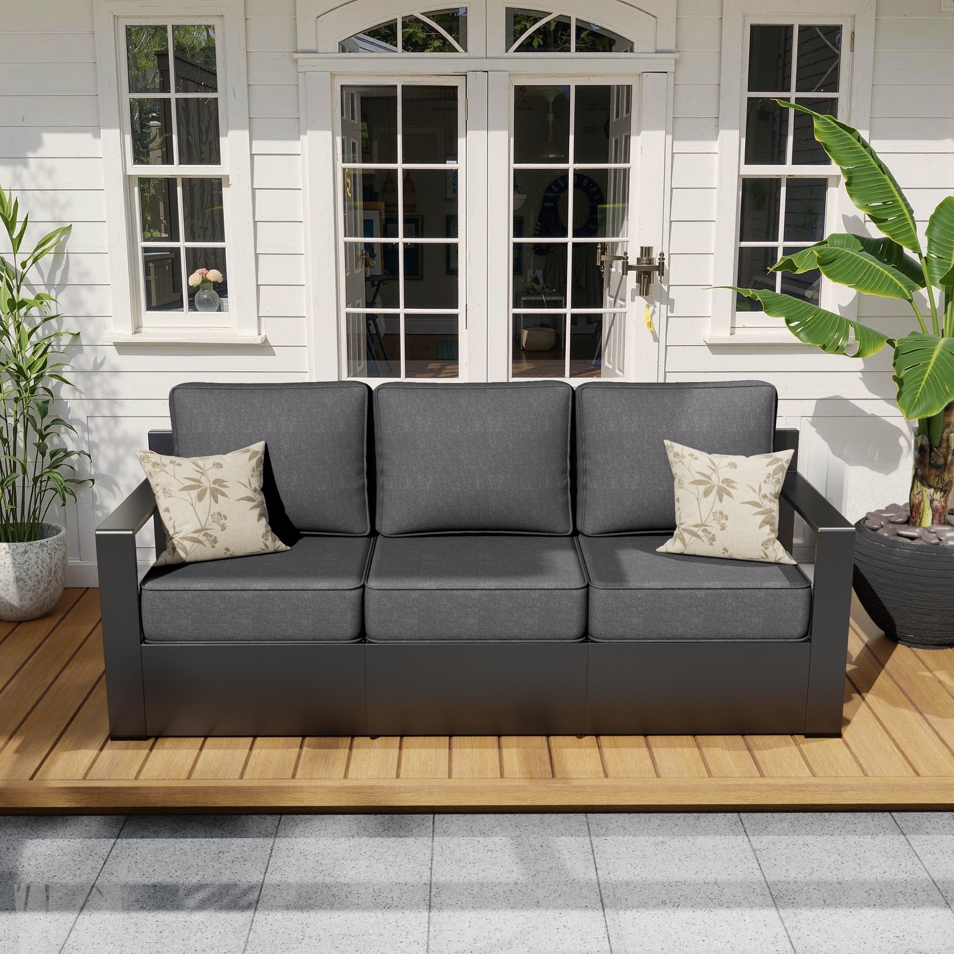 Gardenbee Rattan Outdoor Sofa with Gray Cushions and Steel Frame
