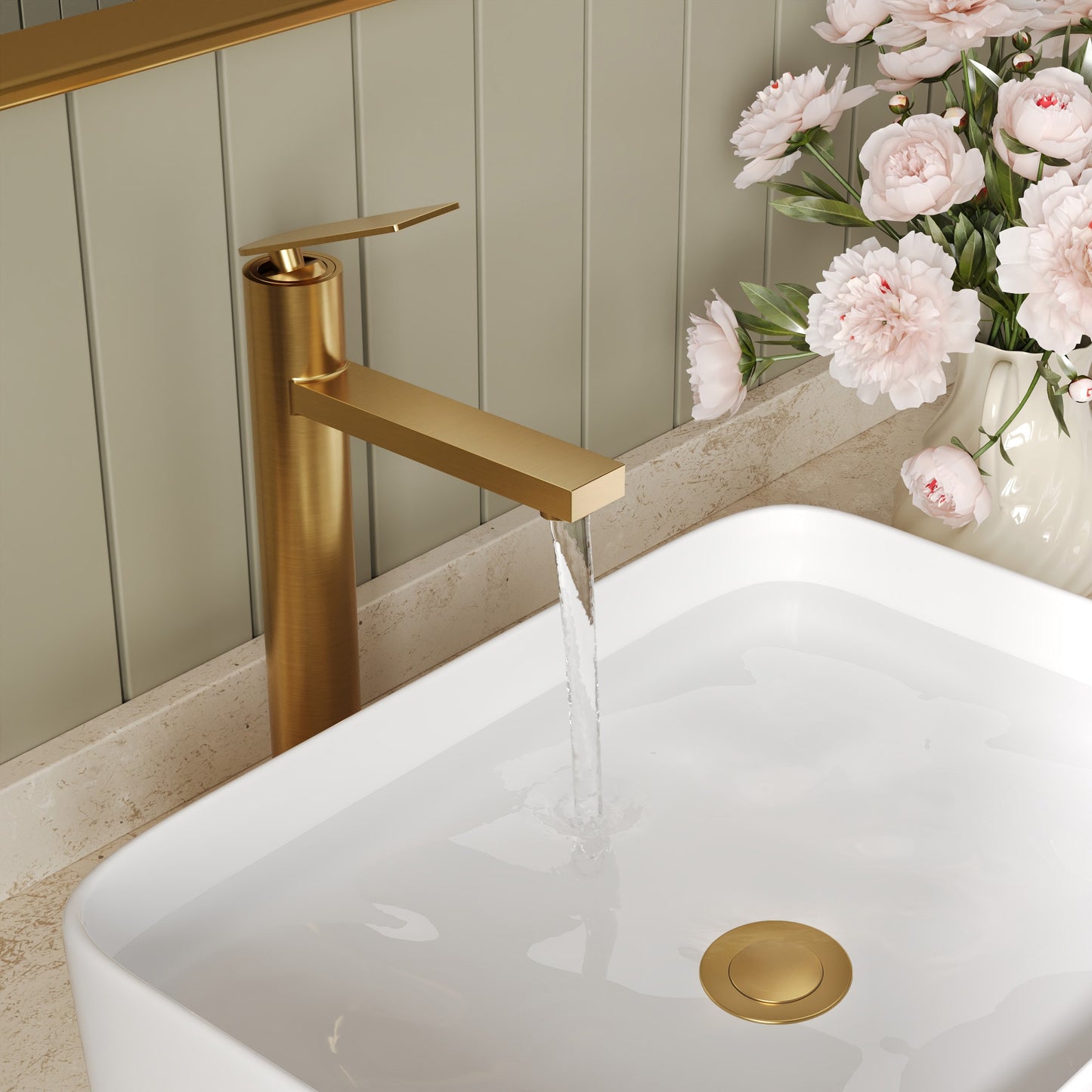 GRANDJOY 12â€¯inâ€¯Heightâ€¯1â€¯Handleâ€¯Singleâ€¯Holeâ€¯Bathroomâ€¯Faucetâ€¯1.2â€¯GPMâ€¯withâ€¯Popâ€¯Upâ€¯Drainâ€¯Spotâ€¯Resistantâ€¯Brushed Gold