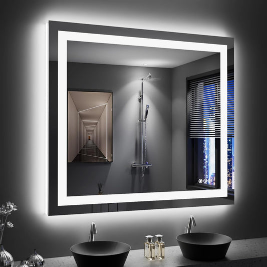 LOAAO 40x36 UL ETL Certified Frameless Backlit + Front Lit LED Bathroom Mirror with Tempered Glass Anti Fog Function