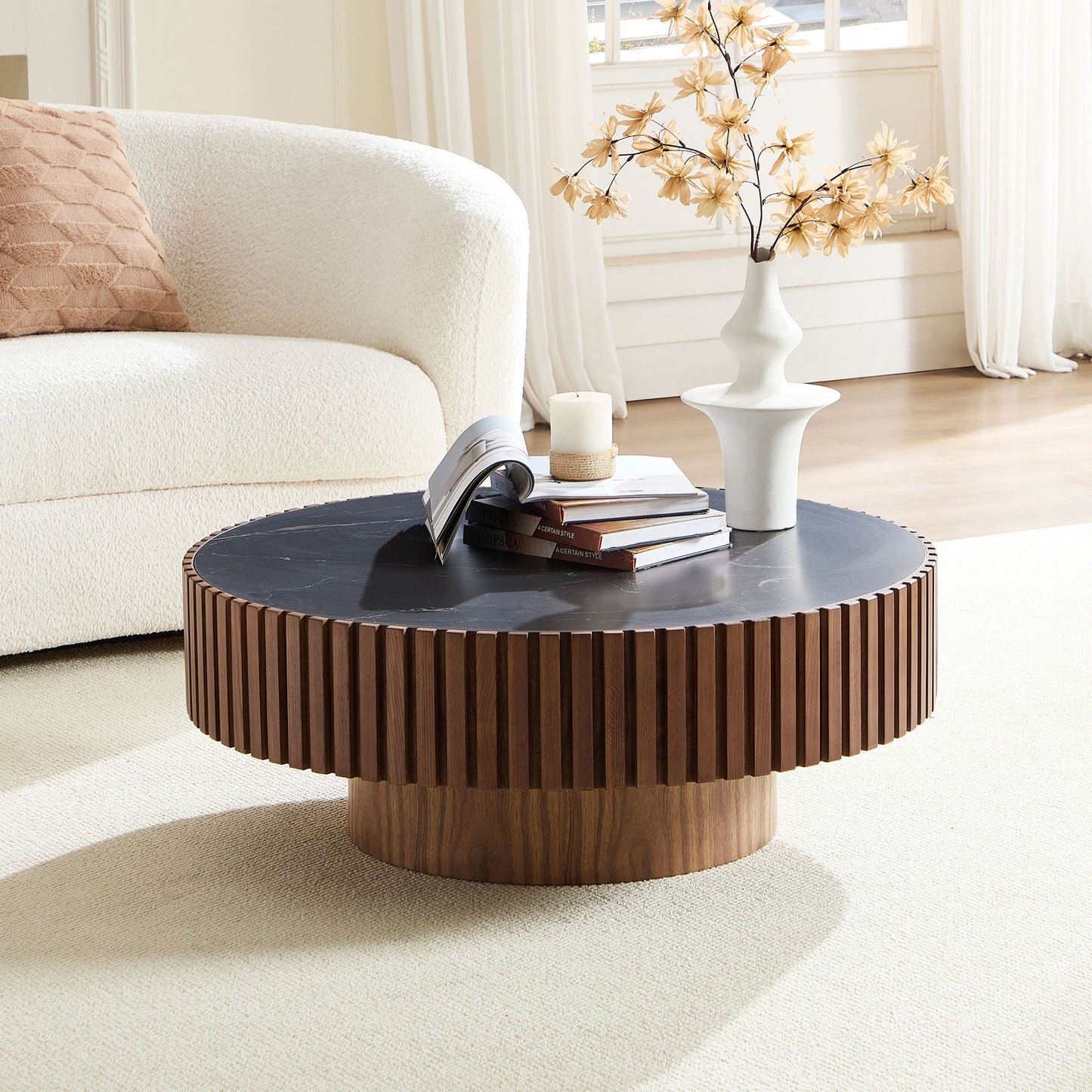 GDFStudio Imwalle Modern Round Coffee Table with Sintered Stone Top