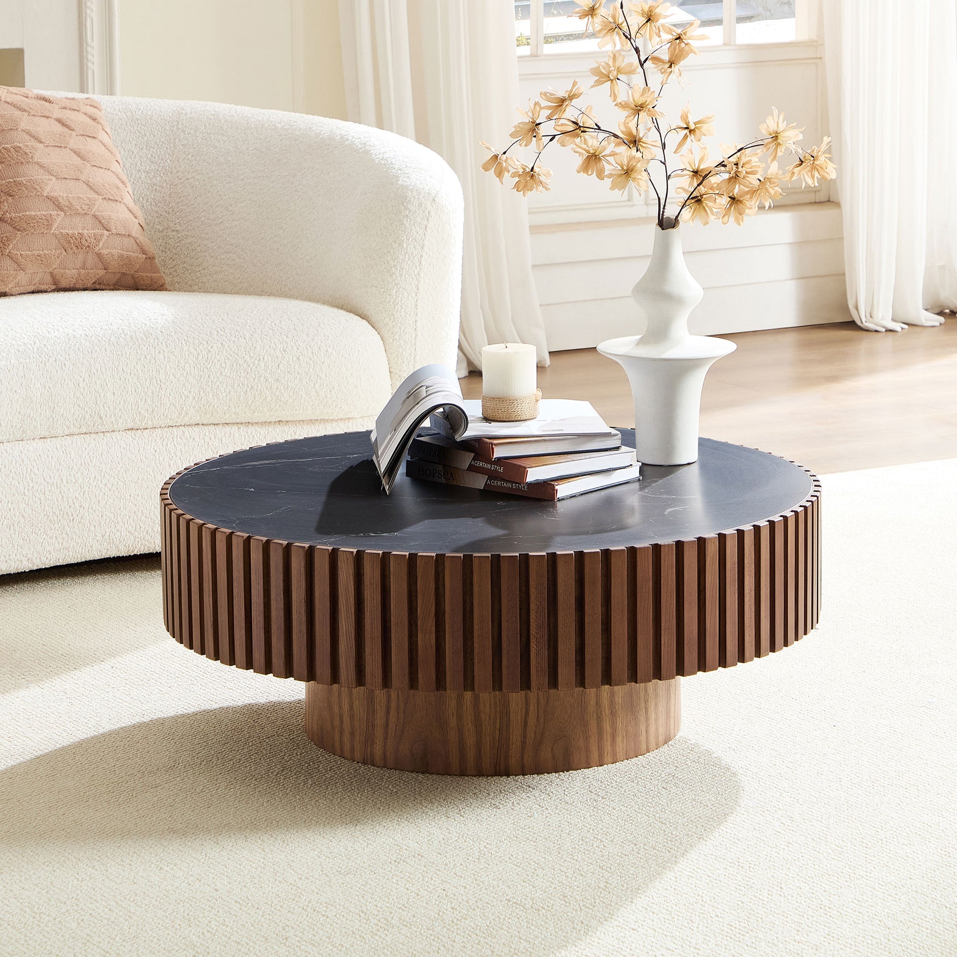 GDFStudio Imwalle Modern Round Coffee Table with Sintered Stone Top